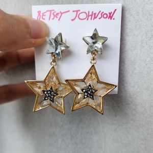 NWT Betsey Johnson Celestial Double Star Drop Earrings, Silver/Gold, Lightweight